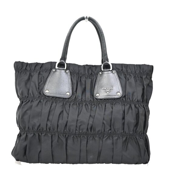 PRADA Logo Tessuto Gaufre Hand Bag Nylon Leather Black SHW 83EF631 - Picture 1 of 14
